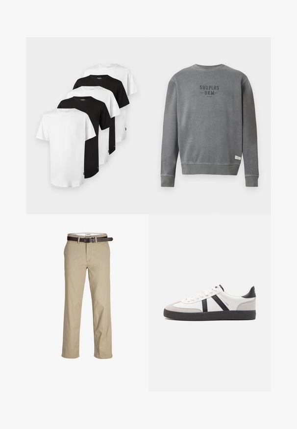 Grey long-sleeve crewneck sweatshirt with "SURPLUS DNM" text printed in black on the chest and a small white label near the hem.; Set of five T-shirts: three white and two black. Classic crew-neck design, short sleeves, cotton fabric, smooth texture, standard fit.; Beige cotton trousers with a straight cut, featuring belt loops, a brown leather belt, and a classic design. Smooth, sturdy texture.; White sneaker with black and gray accents, featuring a textured gray toe cap, black rubber sole, and flat white laces. Clean design, minimalist style.