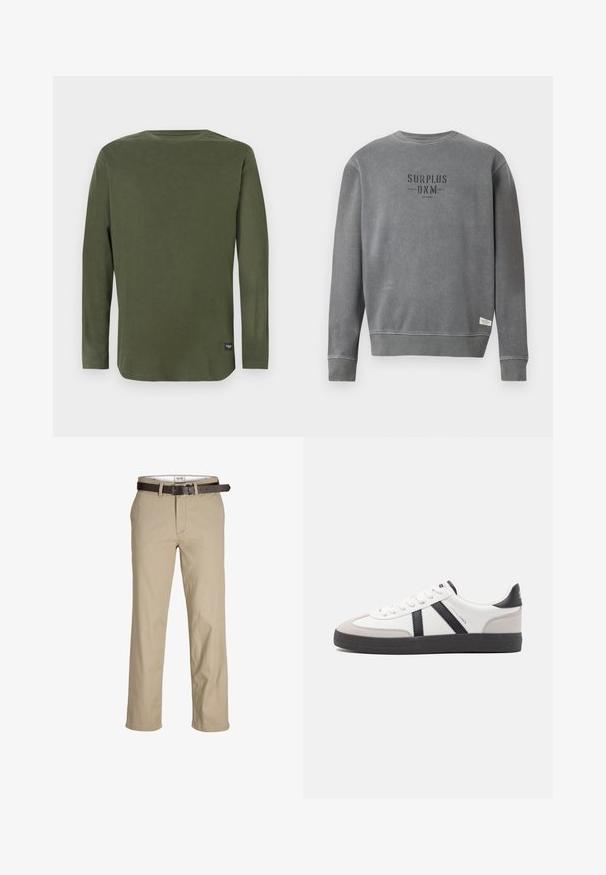 Grey long-sleeve crewneck sweatshirt with "SURPLUS DNM" text printed in black on the chest and a small white label near the hem.; Long-sleeve, olive green crew neck shirt with a small black label near the bottom hem on a plain white background.; Beige cotton trousers with a straight cut, featuring belt loops, a brown leather belt, and a classic design. Smooth, sturdy texture.; White sneaker with black and gray accents, featuring a textured gray toe cap, black rubber sole, and flat white laces. Clean design, minimalist style.