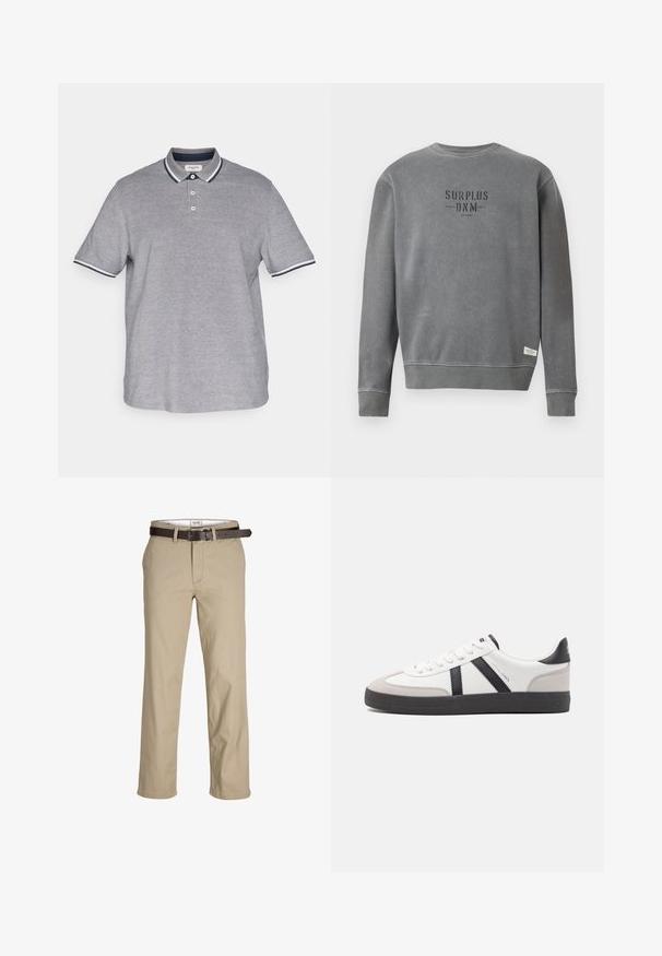 Szürke, hosszú ujjú, kerek nyakú pulóver, melyen a "SURPLUS DNM" felirat feketével van nyomtatva a mellrészen, és egy kis fehér címke található a szegés közelében.; Jack & Jones JJEPAULOS SS NOOS PLS - Pólóing - blue depths; Beige pamut nadrág egyenes szabással, övhurkokkal, barna bőr övvel és klasszikus dizájnnal. Simább, strapabíró textúra.; Fehér sneaker fekete és szürke részletekkel, textúrált szürke orr résszel, fekete gumitalppal és lapos fehér fűzőkkel. Tiszta dizájn, minimalista stílus.