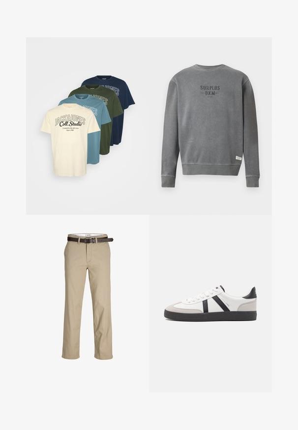 Pilkas ilgomis rankovėmis kreminis megztinis su juoda „SURPLUS DNM“ užrašu ant krūtinės ir maža balta etikete arti apačios.; Keturi trumpomis rankovėmis marškiniai smėlio, mėlynos, žalios ir tamsiai mėlynos spalvų, kiekvienas su logotipo spausdinimu kontrastingoje spalvoje. Pagaminti iš medvilnės.; Šviesiai rudos medvilnės kelnės su tiesia kirpimo, su diržo kilpomis, rudu odiniu diržu ir klasikiniu dizainu. Lygus, tvirtas audinys.; Balti sportbačiai su juodais ir pilkais akcentais, pasižymintys tekstūruotu pilku pirštų dangteliu, juoda gumine padais ir plokščiomis baltomis raišteliais. Švarus dizainas, minimalistinis stilius.