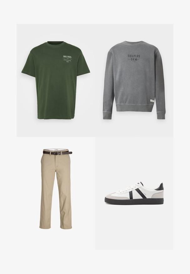 Hanorac gri cu mânecă lungă și guler rotund, cu textul "SURPLUS DNM" imprimat în negru pe piept și o etichetă mică albă aproape de tiv.; Tricou din bumbac verde, cu guler rotund, mâneci scurte și text imprimat în alb în partea stângă sus. Textură netedă, croi lejer.; Pantaloni din bumbac bej, cu croi drept, având brătuțe pentru curea, o curea din piele maro și un design clasic. Textură netedă și rezistentă.; Sneaker alb cu accente negre și gri, având un capac de vârf gri texturat, talpă din cauciuc negru și șireturi plate albe. Design elegant, stil minimalist.