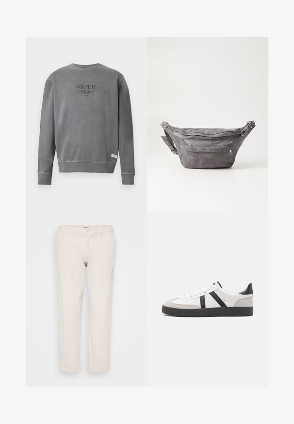 Sivé mikina s dlhým rukávom a okrúhlym výstrihom, s textom "SURPLUS DNM" potlačeným čierne na hrudi a malou bielou nálepkou pri leme.; Bežové bavlnené nohavice so rovný fit, s gombíkovým zapínaním, pútkami na opasok a bez viditeľných vzorov alebo textúr.; Biele tenisky s čiernymi a šedými akcentmi, s textúrovanou šedou špičkou, čiernou gumovou podrážkou a plochými bielymi šnúrkami. Čistý dizajn, minimalistický štýl.; Sivá semišová ľadvinka s okrúhlym tvarom, dvoma zipsovými priehradkami a nastaviteľným popruhom. Obsahuje kovové prvky.