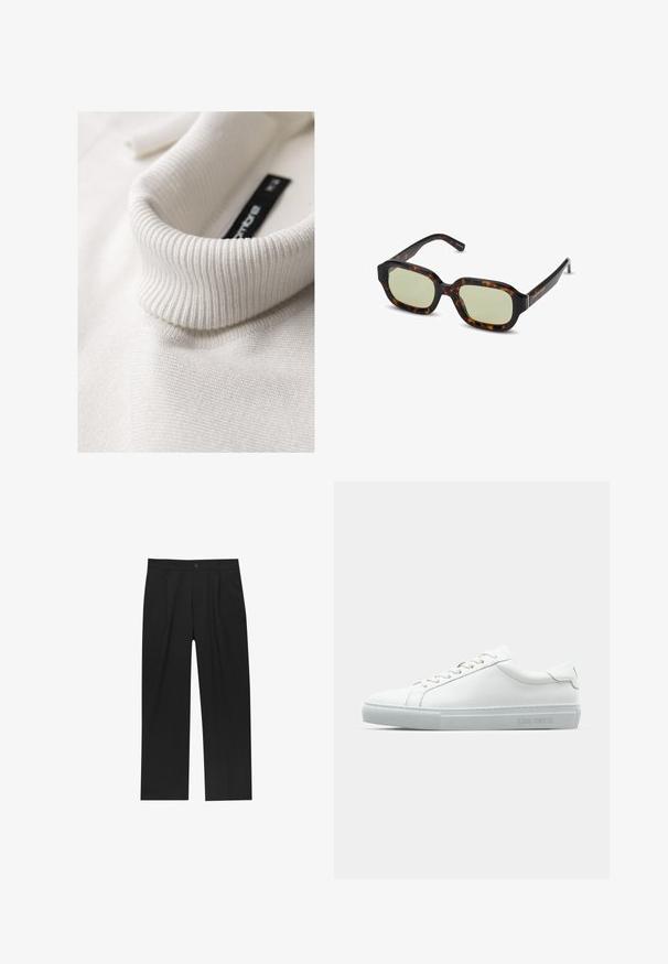 Maglione bianco a collo alto a coste visto da vicino, che mette in risalto la sua texture e i dettagli delle pieghe del colletto.; Pantaloni neri con un design a gamba dritta, realizzati in un tessuto liscio. Presentano pieghe frontali e una chiusura a un bottone in vita.; Sneaker bianca in pelle con finitura liscia, punta arrotondata, lacci piatti e design minimalista. Suola in gomma grigia chiara con branding sul lato.; Occhiali da sole tartarugati con lenti verdi, forma rettangolare, montatura ampia e finitura liscia. Dettagli sulle tempie.