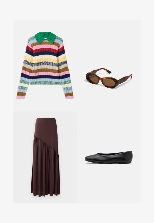 Multifarvet ribbet sweater med en grøn strikket krave. Har vandrette striber i pink, marineblå, beige, gul og grøn.; Brun maxi nederdel lavet af blødt stof. Har en tætsiddende talje og et asymmetrisk design med rynkede detaljer på den ene side.; Paul Smith TOPANGA - Ballerinasko - black; Skildpaddeskals-solbriller med ovale linser, brun nuance, og gyldne detaljer på stængerne. Kraftige rammer med en blank overflade og glat tekstur.; Mørkeblå læderhåndtaske med to lange håndtag, en spænde detaljer og en nøglering vedhæftet. Den har en glat tekstur og en rektangulær form.