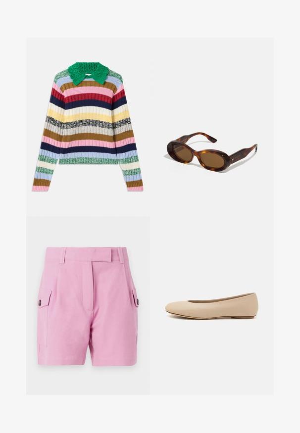 Mnohobarevný pruhovaný sveter s zeleným pleteným golierom. Obsahuje vodorovné pruhy v ružovej, námorníckej, béžovej, žltej a zelenej farbe.; Svetloružové šortky s priliehavým strihom, plochým predným dielom, bočnými vreckami so zapínaním na gombík a hladkou textúrou látky.; Béžové kožené baleríny s okrúhlym prstom, minimálnym švom, nízkym podpätkom a diskrétnym logom na zadnej strane. Hladká, matná textura.; Slniečkovo hnedé slnečné okuliare s ovalnými šošovkami, zlatými akcentmi na rámčekoch. Hrubé rámy s lesklým povrchom a hladkou textúrou.