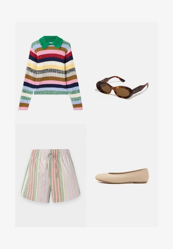 Mitmevärviline sooniline sviiter rohelise kudumisega kraega. Omab horisontaalseid triibu roosa, tumesinise, beeži, kollase ja rohelise värviga.; Rö stripes on cotton lühikesed püksid, millel on nööriga vöökoht. Omab rohelisi, roosasid, lillakaid ja kreemjast vertikaalseid jooni. Pehme tekstuur, mugav istuvus.; Beeži nahk balletitossud ümarate varvastega, minimaalse õmbluse detailiga, madala kanna ja diskreetse logoga taga. Sile, mati tekstuur.; Kilpkonnakilbi päikeseprillid ovaalsete läätsedega, pruunis toonis ja kuldsete aksentidega käepidemetel. Paksed raamid läikiva viimistluse ja siledaga tekstuuriga.
