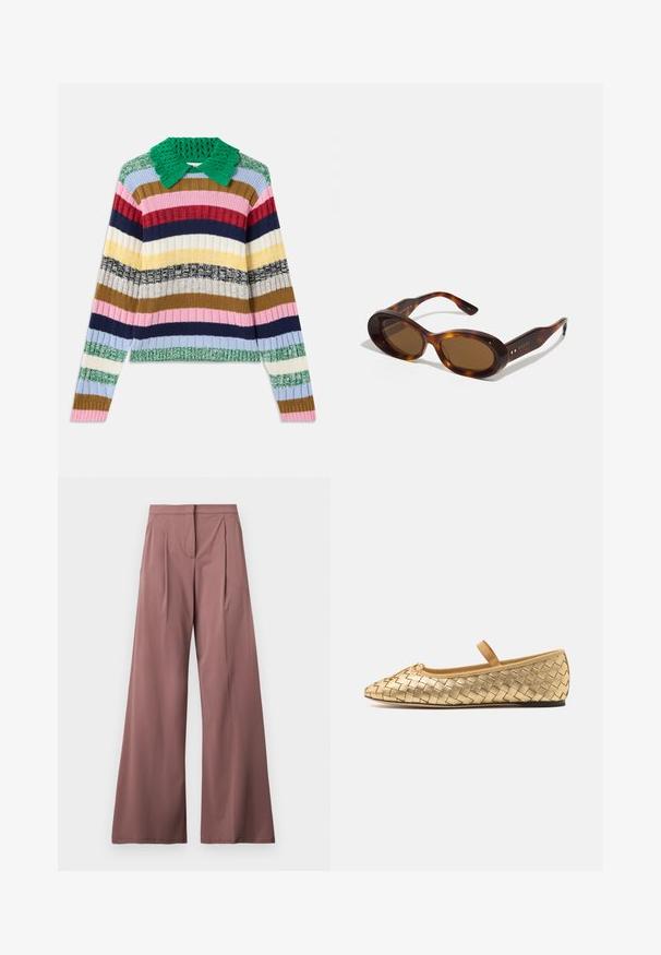 Multicolored ribbed sweater with a green knitted collar. Features horizontal stripes in pink, navy, beige, yellow, and green.; Wide-leg trousers in a muted rose color, made from smooth fabric with front pleats and a single side pocket. Simple, elegant design.; Loeffler Randall LEONIE SOFT BALLET FLAT - Ankle strap ballet pumps - gold; Tortoiseshell sunglasses with oval lenses, brown tint, and gold accents on the arms. Thick frames with a glossy finish and smooth texture.