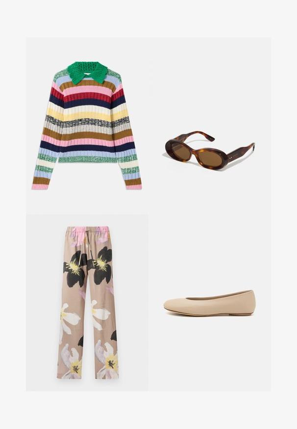 Dažādu krāsu svītrots džemperis ar zaļu adītu apkakli. Iezīmēts ar horizontālām svītrām rozā, tumši zila, beiga, dzeltenā un zaļā krāsā.; Bēša krāsu ziedu apdrukas bikses ar lieliem melnbaltiem ziedu rakstiem, ar elastīgu jostasvietu un rozā auklu.; Bežs ādas deju zābaciņš ar noapaļu purngalu, minimālu šuvju detaļām, zemu papēdi un diskrētu logotipu aizmugurē. Gluda, matēta tekstūra.; Tortoise krēmu saulesbrilles ar ovālām lēcām, brūnu toni un zelta akcentiem uz kājiņām. Biezas rāmju formas ar spīdīgu apdari un vienmērīgu tekstūru.