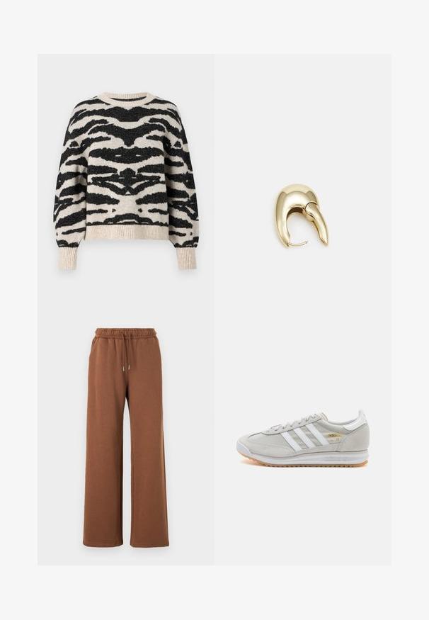 ONLY ONLAMBER O NECK - Džemperis - oatmeal; Brūnas platajiem biksēm ar elastīgu jostu, aukliņu un divām sānu kabatām; gluda auduma tekstūra; nav redzamu rakstu.; Gaišpelēka kedas, izgatavotas no zamša un sieta, ar trim baltām svītrām, apaļu purngalu un gumijas zoli. Zelta logo akcenta detaļa blakus auklām.; Zeltīti metāla auskari ar gludu, izliekta dizaina. Ar atšķirīgu smailu formu, pulētu virsmu un eņģu aizdari.