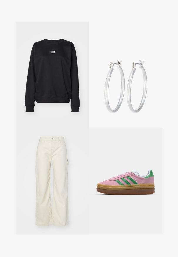 Čierna mikina vyrobená z bavlnenej zmesi, s okrúhlym výstrihom, dlhými rukávmi, rebrovanými manžetami a malým bielym logom na hrudi.; Široké nohavice svetlo béžovej farby, s vysokým pásom, prednými vreckami a detailom bočného pútka pre zvýšenú funkčnosť.; Ružové semišové tenisky so zelenými pruhmi, bielymi akcentmi a hnedou gumovou podrážkou. Obsahujú textúrovanú tkaninu a logo na boku.; Strieborné kruhové náušnice s hladkým, lesklým povrchom. Kolový tvar a bezpečné klikanie na uzatváranie. Ľahký dizajn vhodný na každodenné nosenie.
