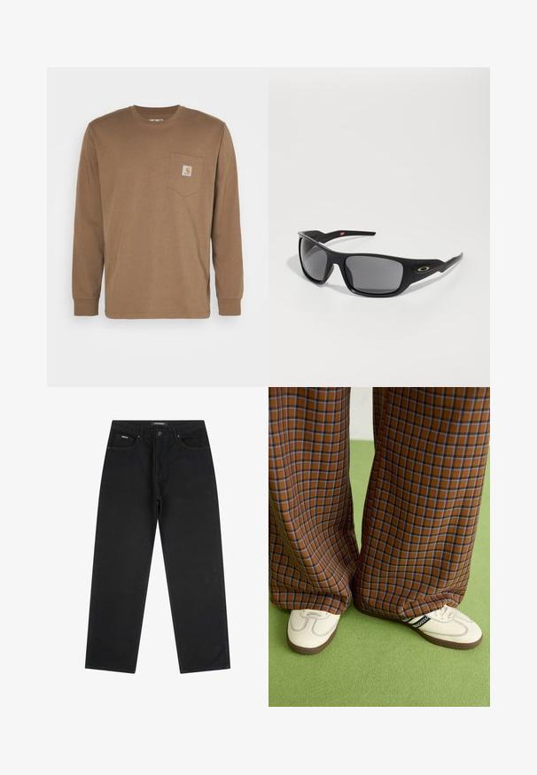 Puha anyagból készült rózsaszín kapucnis pulóver, elöl kenguruzsebbel, állítható kapucnival és fehér adidas logóval a bal mellen.; Barna, hosszú ujjú pamut póló, mellzsebbel, négyzet alakú logóval ellátott folttal. Egyszerű dizájn, kerek nyakkivágással és egyenes alsó szegéllyel.; Fekete egyenes szabású farmernadrág elülső gombbal és cipzárral, övakasokkal és öt zsebbel, fehér háttéren kiterítve.; Barna és kék kockás, bőrt lábú nadrág, fehér cipővel, fekete részletekkel és texturált talppal, zöld háttér előtt.; Fekete napszemüveg, téglalap alakú, tartós műanyagból készült, szürke árnyalatú lencsékkel és arany díszítéssel az oldalon.