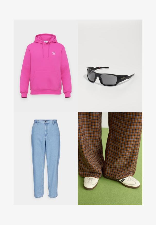 Roza dukserica s kapuljačom izrađena od mekog materijala, s kengur džepom, kapuljačom sa vezicom i bijelim adidas logotipom na lijevoj strani grudi.; Svijetloplavi traperice s ležernim krojem, visokim strukom i ravnim nogavicama. Sadrže prednje džepove i metalnu kopču.; Smeđe i plave karirane široke hlače uparene s bijelim cipelama s crnim akcentima i teksturiranim potplatom, na zelenoj pozadini.; Crne sunčane naočale pravokutnog oblika, izrađene od izdržljive plastike, sivi zasjenjeni leće i zlatni detalj sa strane.