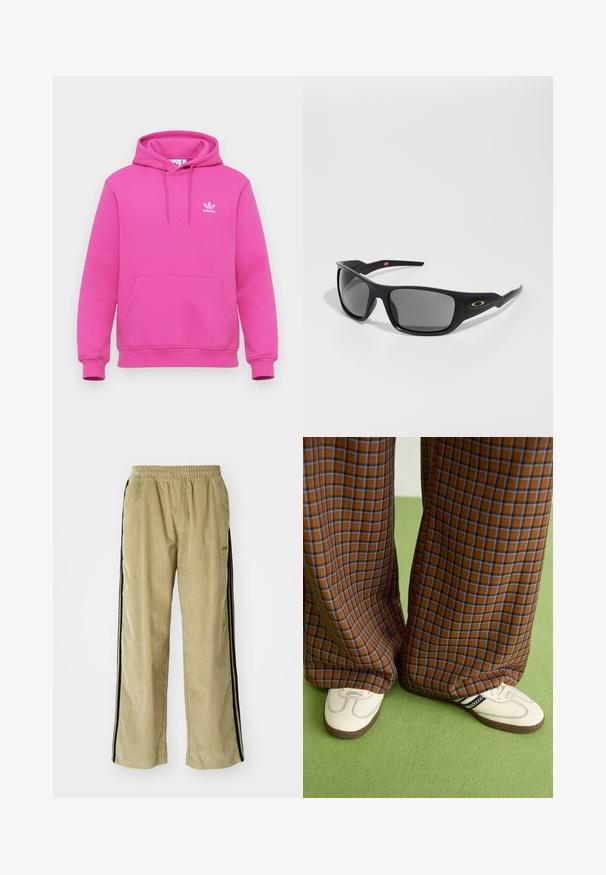 Pink hoodie made of soft fabric, featuring a kangaroo pocket, drawstring hood, and white adidas logo on the left chest.; Beige corduroy pants with an elastic waistband, featuring black side stripes. The fabric has a ribbed texture, slightly flared at the bottom.; Brown and blue plaid wide-leg trousers paired with white shoes featuring black accents and textured soles, set against a green background.; Black sunglasses with a rectangular shape, made of durable plastic, featuring gray tinted lenses and a gold accent on the side.