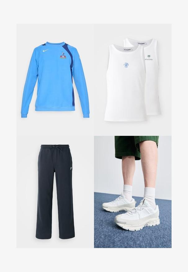 Lyseblå sweatshirt med lange ærmer, marineblå detaljer på skuldrene, Nike-logo i gult og et holdemblem foran. Blød stoftekstur.; To hvide tanktops med ribbet tekstur, prydet med broderede logoer i blå og grøn. Den ene har et soldesign, mens den anden har et palmetræ.; Mørkeblå sweatpants med elastisk talje og snoretræk. Lavet af blødt stof og med et lille hvidt logo på venstre hofte.; Hvide atletiske sko med teksturerede overlays, en chunky sål og grå accenter. Båret med hvide ankelstrømper og grønne shorts på en blå overflade.