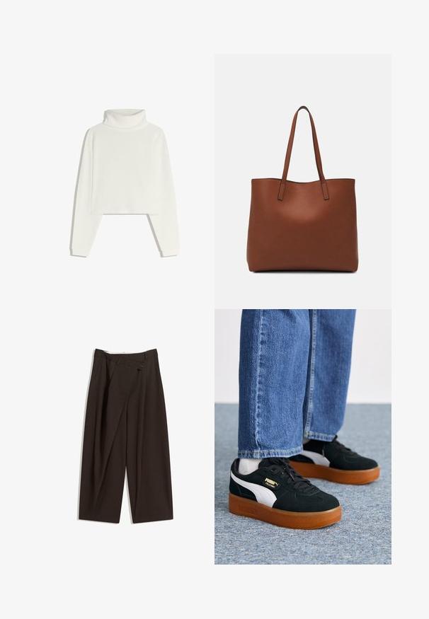 Pulover alb cu guler înalt, cu mâneci lungi, design cropped și textură moale. Are un guler structurat și manșete ajustate.; Pantaloni largi de culoare maron închis, cu talie înaltă, având închiere cu un singur nasture și un față pliată. Confectionați dintr-un material ușor.; Adidași alb-negru cu un aspect din daim și talpă din cauciuc natural. Au o marcaj aurie pe lateral și șireturi rotunde, purtati cu blugi albaștri.; Geantă de umăr din piele maro cu o textură netedă, design cu vârf deschis și două curele pentru umăr. Prezintă cusături minime și fără componente metalice vizibile.