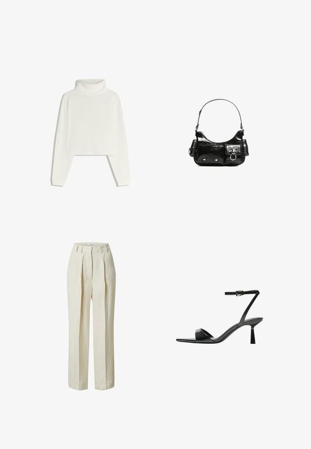 Witte geribbelde coltrui met lange mouwen, cropped ontwerp en een zachte textuur. Heeft een hoge, gestructureerde kraag en aansluitende manchetten.; Hogeltaille, crèmekleurige broeken met plooien, een ontspannen pasvorm en riemlussen. Gemaakt van lichte stof met een zachte textuur.; Bershka Sandalen met hoge hak - black; Zwarte laarzen in lakleer met een gebogen vorm, één schouderband, voorvakken en accenten in zilverkleurig metaal.