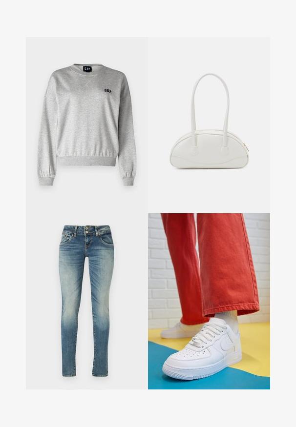 Sudadera gris con cuello redondo, puños y dobladillo acanalados. Presenta un pequeño logo negro de "GAP" en el lado izquierdo del pecho. Textura suave, corte relajado.; Jeans de mezclilla azul en corte slim, con un ligero desgastado, cinco bolsillos, cierre de dos botones y costuras de contraste en las costuras.; Zapatilla de cuero blanco con caja de dedos perforada, suela texturizada y cordones blancos, combinada con pantalones rojos amplios y un fondo azul y amarillo.; Even&Odd Bolso de mano - off-white; Aretes de aro de oro con un acabado suave y brillante. Diseño circular que presenta un pequeño post y un respaldo transparente para un uso seguro.
