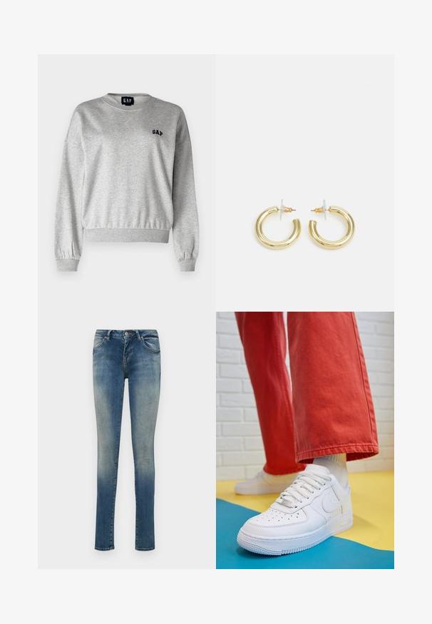 Szürke pulóver kerek nyakkal, bordázott mandzsettákkal és aljjal. Bal mellrészen kis fekete "GAP" logóval rendelkezik. Puha tapintású, laza szabású.; Karcsú kék farmernadrág, elhalványult mosással, standard öt zsebes kialakítással, gombos záródással és övbújtatókkal.; Fehér bőr edzőcipő perforált orral, texturált talppal és fehér fűzővel, széles vörös nadrággal párosítva, kék és sárga háttérrel.; Arany fülbevalók sima, fényes felülettel. Kör alakú dizájn, amely kis kapoccsal és átlátszó tartozékkal rendelkezik a biztonságos viselés érdekében.