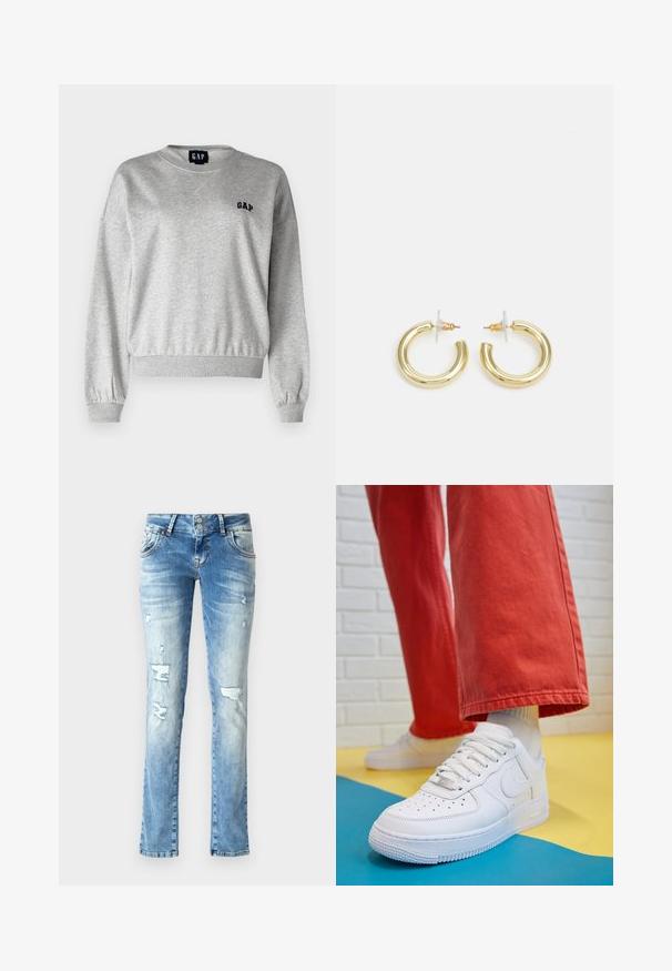 Pelēks sporta krekls ar apaļu kakla izgriezumu, ribotām piedurknēm un apakšmalu. Ar mazu melnu "GAP" logotipu kreisajā krūtī. Mīksta tekstūra, brīva piegriezuma.; Gai zilu džinsu bikses ar brīvu piegriezumu, kas iekļauj nolietotus elementus, pogu rāvējslēdzēju ar divām pogām un taisnām kājām.; Baltās ādas kedas ar perforētu purngalu, teksturētu zoli un baltām auklām, apvienotas ar platām sarkanām biksēm un zilu un dzeltenu fona.; Zelta auskari ar gludu, spīdīgu apdari. Apaļš dizains, kas ietver mazu tapu un caurspīdīgu pamatni drošai valkāšanai.