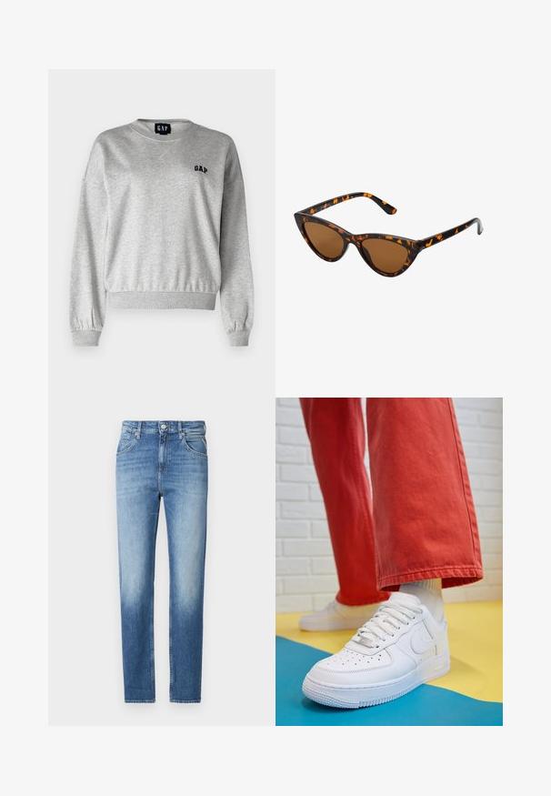 Harmaa huppari, jossa on pyöreä kaula-aukko, ribbireunukset hihansuissa ja helmassa. Vasemmassa rinnassa on pieni musta "GAP"-logo. Pehmeä tekstuuri, rento istuvuus.; Vaaleansiniset farkut suoralla mitoituksella, haalistunut pinta, viisi taskua ja nappikiinnitys vyötäröllä. Erityiset ompeluyksityiskohdat.; Valkoinen nahkakengät, joissa on rei'itetty varvasosa, teksturoitu pohja ja valkoiset nauhat, yhdistettynä leveisiin punaisiin housuihin ja sinikeltaiseen taustaan.; Kattöga solglasögon med en svart och orange sköldpaddsmönstrad båge, bruna linser och slanka, spetsiga spetsar. Har en minimal logotyp på skalmen.; Kultaketjut kullasta, joissa on sileä, kiiltävä pinta. Pyöreä muotoilu, jossa on pieni tappi ja kirkas taustalevy turvalliseen käyttöön.