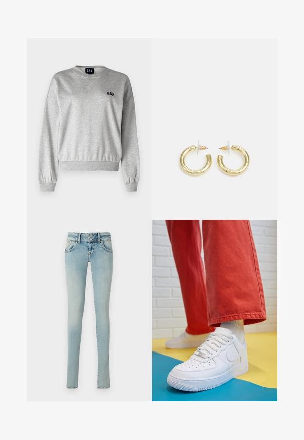 Szürke pulóver kerek nyakkal, bordázott mandzsettákkal és aljjal. Bal mellrészen kis fekete "GAP" logóval rendelkezik. Puha tapintású, laza szabású.; Világoskék slim fit farmernadrág, klasszikus öt zsebes dizájnnal, gombos záródással és enyhe színváltozással rendelkező, kopott farmer textúrával.; Fehér bőr edzőcipő perforált orral, texturált talppal és fehér fűzővel, széles vörös nadrággal párosítva, kék és sárga háttérrel.; Arany fülbevalók sima, fényes felülettel. Kör alakú dizájn, amely kis kapoccsal és átlátszó tartozékkal rendelkezik a biztonságos viselés érdekében.