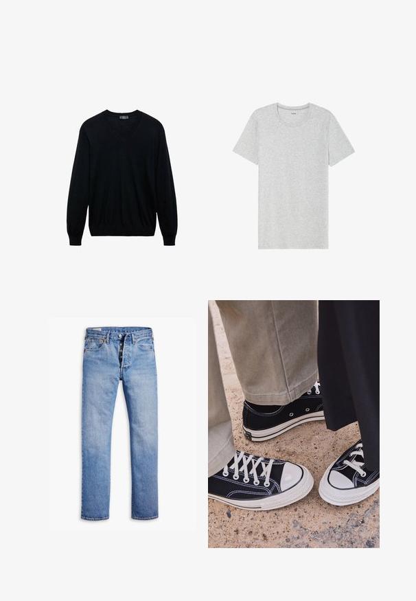 Czarny sweter z długim rękawem w serek, z prążkowanymi mankietami i dolnym obszyciem, na białym tle.; Szara koszulka z krótkim rękawem, wykonana z miękkiego, lekkiego materiału. Prosty krój dolnej krawędzi, klasyczny dekolt typu crew neck oraz subtelna tekstura melanżowa.; Jasnoniebieskie dżinsy o prostym kroju, z pięcioma guzikami, pętelkami na pasek i subtelnym wyblaknięciem. Posiadają dwie kieszenie z przodu i miedziane nitkowanie.; Czarne płócienne trampki z białymi gumowymi czubkami i sznurówkami. Kontrastowe przeszycia i metalowe oczka dodają szczegółów. Noszone z beżowymi spodniami i czarnym materiałem.