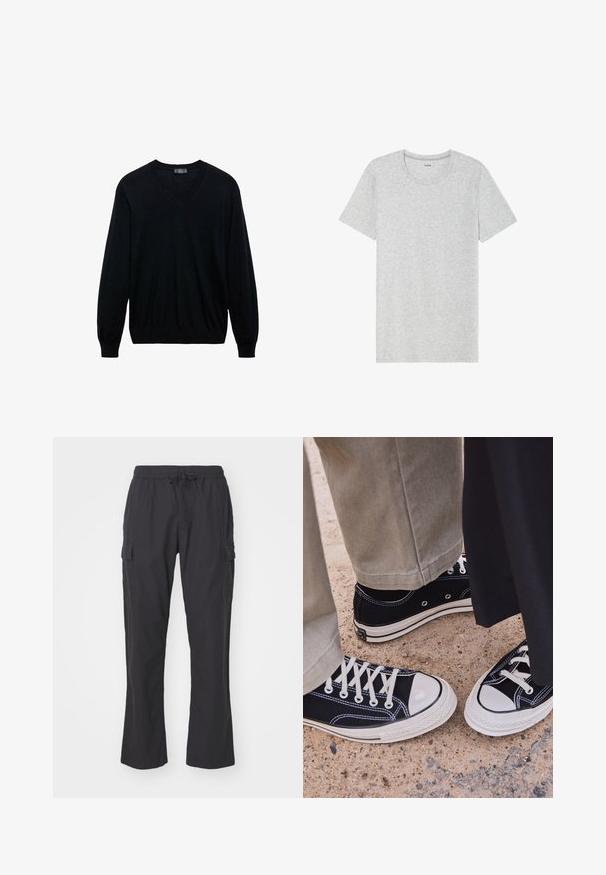 Czarny sweter z długim rękawem w serek, z prążkowanymi mankietami i dolnym obszyciem, na białym tle.; Szara koszulka z krótkim rękawem, wykonana z miękkiego, lekkiego materiału. Prosty krój dolnej krawędzi, klasyczny dekolt typu crew neck oraz subtelna tekstura melanżowa.; Czarne spodnie cargo z elastycznym pasem i sznurkiem, z bocznymi kieszeniami i luźnym krojem. Wykonane z lekkiej tkaniny.; Czarne płócienne trampki z białymi gumowymi czubkami i sznurówkami. Kontrastowe przeszycia i metalowe oczka dodają szczegółów. Noszone z beżowymi spodniami i czarnym materiałem.