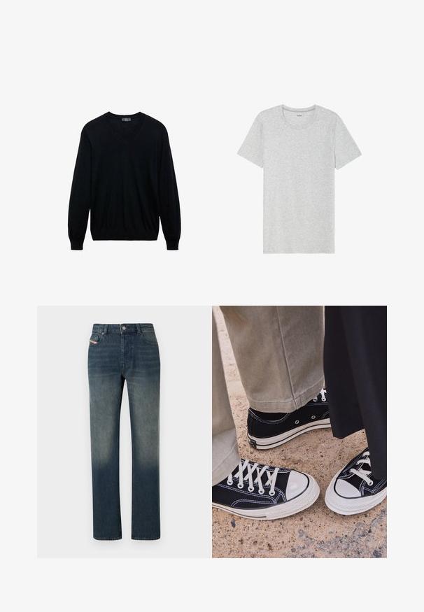 Jersey negro de manga larga con escote en V, con puños y dobladillo acanalados, exhibido sobre un fondo blanco.; Camiseta gris de manga corta, hecha de un tejido suave y ligero. Con dobladillo recto, diseño clásico de cuello redondo y una sutil textura jaspeada.; Vaqueros de mezclilla azul de pierna recta con lavado desvanecido, cierre frontal con botón y cremallera, y diseño de cinco bolsillos.; Zapatillas de lona negras con punteras y cordones de goma blanca. Las costuras en contraste y los ojales de metal añaden detalle. Llevadas con pantalones beige y tela negra.