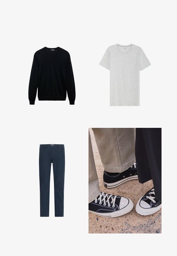 Czarny sweter z długim rękawem w serek, z prążkowanymi mankietami i dolnym obszyciem, na białym tle.; Szara koszulka z krótkim rękawem, wykonana z miękkiego, lekkiego materiału. Prosty krój dolnej krawędzi, klasyczny dekolt typu crew neck oraz subtelna tekstura melanżowa.; Granatowe chinosy wykonane z tkaniny bawełnianej, z zapięciem na guzik, prostymi nogawkami i gładką teksturą bez wzorów czy akcentów.; Czarne płócienne trampki z białymi gumowymi czubkami i sznurówkami. Kontrastowe przeszycia i metalowe oczka dodają szczegółów. Noszone z beżowymi spodniami i czarnym materiałem.