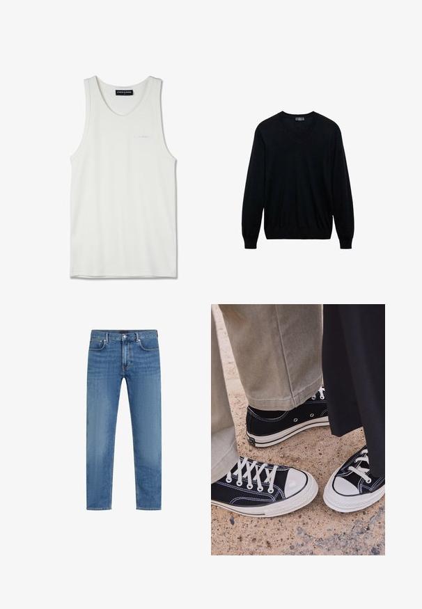 Black long-sleeve V-neck sweater with ribbed cuffs and hem, displayed on a white background.; White cotton tank top with a rounded neckline and narrow shoulder straps. Features subtle embroidered logo in light blue on the chest.; Blue straight-leg denim jeans with five pockets, button and zip fly, and subtle fading on thighs.; Black canvas sneakers with white rubber toe caps and laces. Contrast stitching and metal eyelets add detail. Worn with beige pants and black fabric.