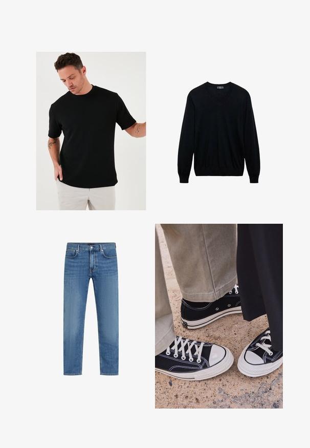 Sort langærmet V-hals sweater med ribbede manchetter og kant, præsenteret på en hvid baggrund.; Sort kortærmet T-shirt lavet af tekstureret stof med rund hals, der har en afslappet pasform og minimalistisk design.; Blå straight-leg denimjeans med fem lommer, knap og lynlås lukning, og subtil falming på lårene.; Sorte lærreds sneakers med hvide gummikapsler og snørebånd. Kontraststing og metaløjer tilføjer detaljer. Båret med beige bukser og sort stof.