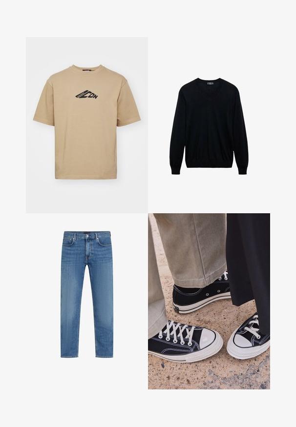 Zwarte langwerpige V-hals trui met geribde manchetten en zoom, weergegeven op een witte achtergrond.; Beige T-shirt van katoen, met een ronde halslijn en korte mouwen. Zwart grafisch ontwerp op de borst met merklettertype.; Blauwe recht gesneden denim jeans met vijf zakken, knoop- en ritssluiting, en subtiele vervaging op de dijen.; Zwarte canvas sneakers met witte rubberen neuzen en veters. Contrasterende stiksels en metalen oogjes voegen detail toe. Gecombineerd met beige broek en zwarte stof.
