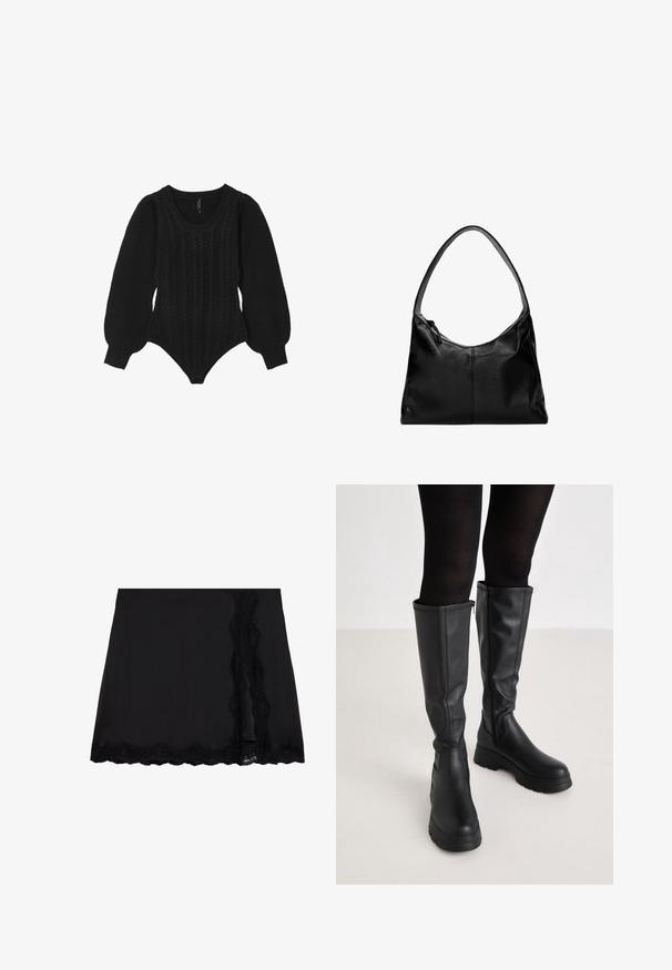 Calliope Maglione - noir; Even&Odd Minigonna - black; Even&Odd Stivali con plateau - black; Borsa a spalla in pelle nera con una texture liscia, una parte superiore curva e una sola tracolla. Presenta una chiusura con zip e un design minimalista.