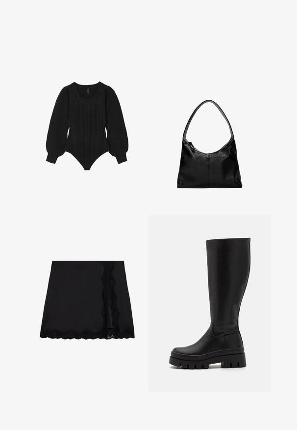 Calliope Jumper - noir; Even&Odd Mini skirt - black; Even&Odd Platform boots - black; Black leather shoulder bag with a smooth texture, a curved top, and a single strap. Features a zipper closure and minimalist design.