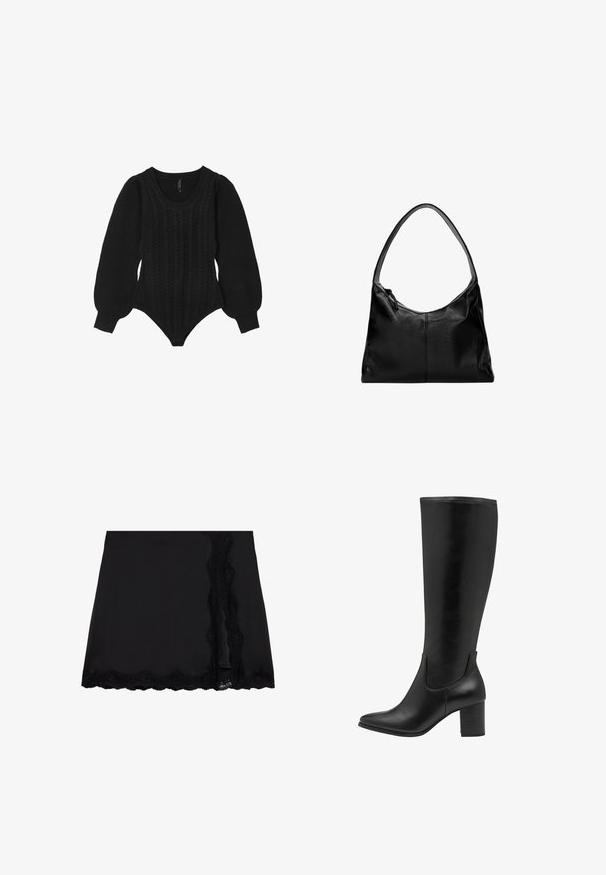 Calliope Pullover - noir; Even&Odd Minijupe - black; Bottes noires montantes en cuir lisse. Elles présentent un bout effilé, un talon bloc et des panneaux élastiques sur les côtés pour un enfilage facile.; Sac à bandoulière en cuir noir avec une texture lisse, un dessus arrondi et une seule sangle. Doté d'une fermeture éclair et d'un design minimaliste.
