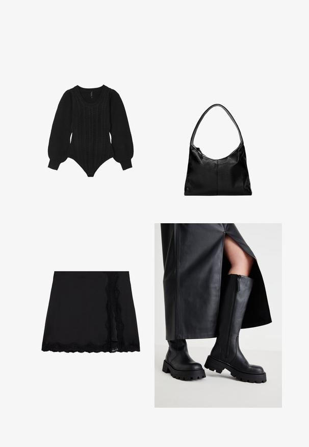 Calliope Jumper - noir; Even&Odd Mini skirt - black; Black knee-high boots with a chunk sole, smooth leather texture, side zipper, and minimalistic design, paired with a slit black skirt.; Black leather shoulder bag with a smooth texture, a curved top, and a single strap. Features a zipper closure and minimalist design.