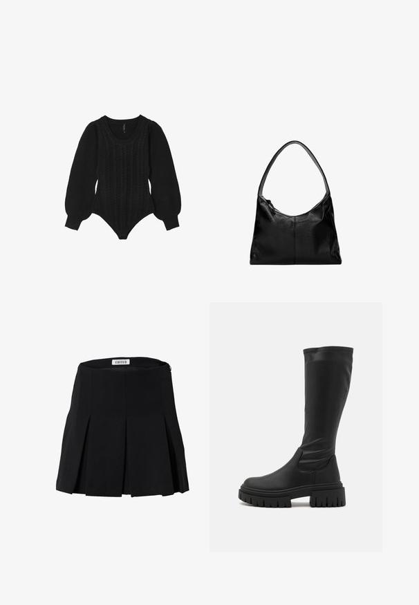 Calliope Strickpullover - noir; Schwarzer, plissierter Rock mit hoher Taille, aus glattem Stoff gefertigt. Verfügt über einen Reißverschluss auf der Rückseite und ein sauberes, strukturiertes Design.; Even&Odd Plateaustiefel - black; Schwarze Leder-Umhängetasche mit glatter Textur, geschwungenem oberen Rand und einem einzigen Tragegurt. Sie verfügt über einen Reißverschluss und ein minimalistisches Design.