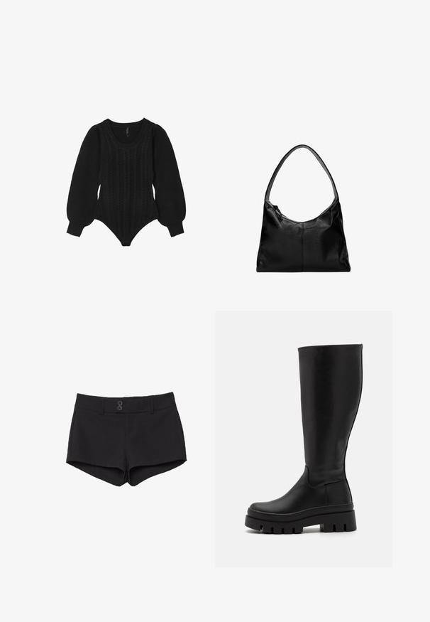 Calliope Pullover - noir; Shorts noirs en tissu à la texture lisse. Dotés d'une taille élastique, de deux poches avant et de deux boutons noirs à l'avant.; Even&Odd Bottes à plateau - black; Sac à bandoulière en cuir noir avec une texture lisse, un dessus arrondi et une seule sangle. Doté d'une fermeture éclair et d'un design minimaliste.