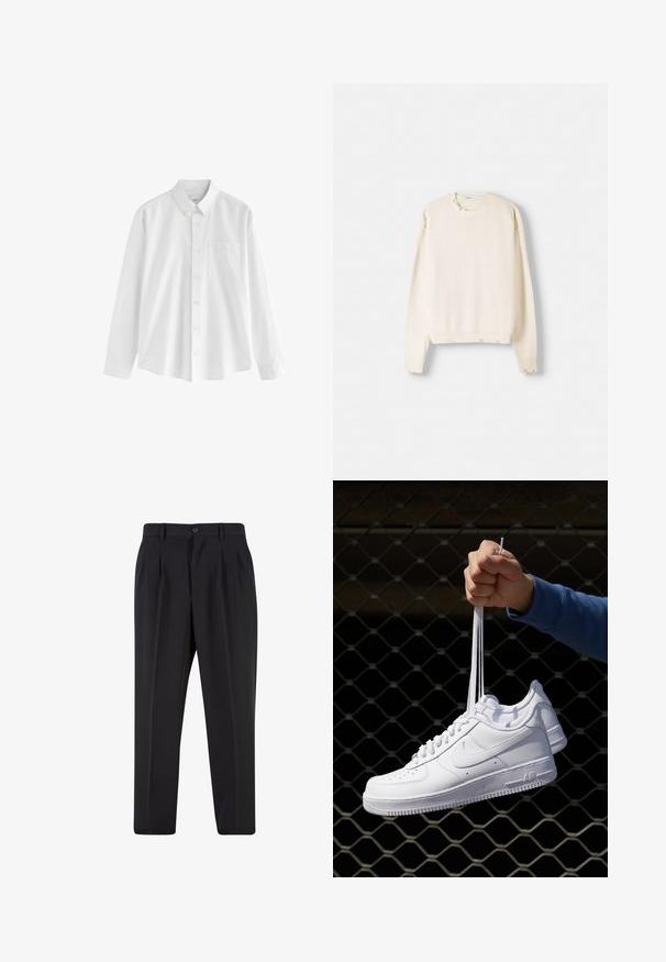 Crème-kleurige trui met lange mouwen, ribbelboord aan de mouwen en onderaan, lichte gebreide textuur, met kleine versleten details op de schouders.; Witte longsleeve shirt van katoen met een button-down kraag, een enkele borstzak en een ontspannen pasvorm. Bevat kleine knopen aan de voorkant.; Zwarte broek met een geplooid design aan de voorkant, gemaakt van soepel stof. Voorzien van een knoopsluiting en riemlussen; rechte pasvorm.; Witte leren sneakers met perforaties, ronde neus, vlakke zool en dikke veters, met een zichtbare swoosh-logo en "AIR" op de hiel.