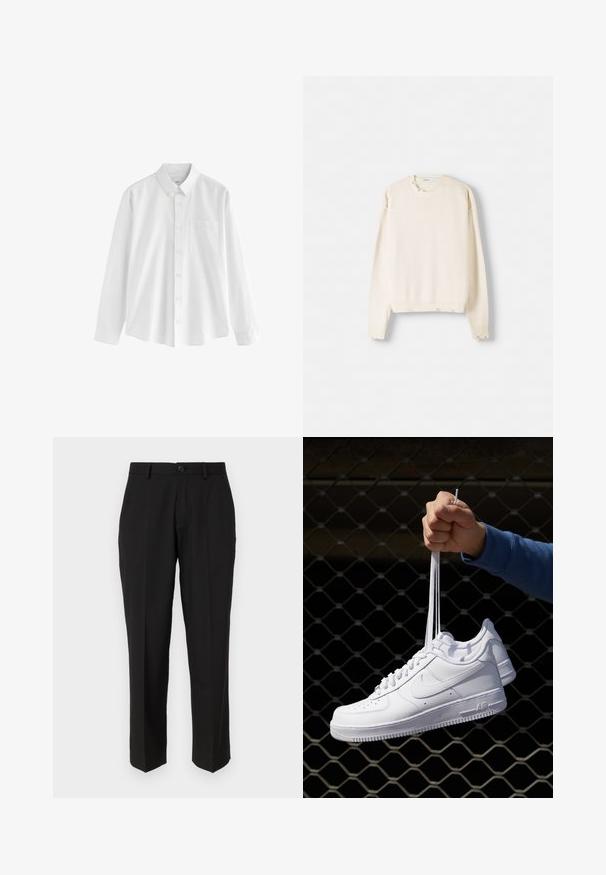Maglione color crema con maniche lunghe, polsini e orlo a costine, tessuto leggero a maglia, caratterizzato da piccoli dettagli scuciti sulle spalle.; Camicia bianca a manica lunga realizzata in cotone, con colletto button-down, una tasca sul petto e una vestibilità comoda. Presenta piccoli bottoni lungo la parte anteriore.; Pantaloni neri in tessuto liscio, con un design a gamba dritta, tasche frontali, chiusura con un singolo bottone e senza motivi visibili.; Sneakers in pelle bianca con perforazioni, punta rotonda, suola piatta e lacci spessi, con logo swoosh visibile e "AIR" sul tallone.