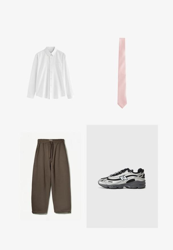 Maglione color crema con maniche lunghe, polsini e orlo a costine, tessuto leggero a maglia, caratterizzato da piccoli dettagli scuciti sulle spalle.; Camicia bianca a manica lunga realizzata in cotone, con colletto button-down, una tasca sul petto e una vestibilità comoda. Presenta piccoli bottoni lungo la parte anteriore.; Pantaloni della tuta larghi e marroni con vita elastica e cordino. Tasche laterali e polsini con cerniere alle caviglie. Tessuto morbido e traspirante.; Scarpe sportive argento e nere con tomaia in rete, suola imbottita, design con lacci e dettagli di branding laterali.; Cravatta rosa chiaro con una finitura liscia e satinata e un discreto motivo a righe diagonali; estremità affusolata e larghezza uniforme su tutta la lunghezza.