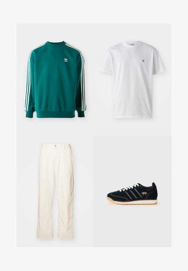 Tirkizna dukserica od mješavine pamuka, s dugim rukavima, manžetama na rubovima i tri bijele pruge niz svaki rukav. Adidas logo na prsima.; Bijela pamučna majica kratkih rukava s okruglim izrezom, sa malim zlatnim logotipom na lijevoj strani prsnog koša. Mekana tekstura i standardni kroj.; Kremaste široke hlače od pamuka, s bočnim džepovima, kopčanjem na gumb i suptilnim šavnim detaljima.; Crnesuede tenisice s bijelim vezicama, tri bijele pruge sa strane, teksturirani detalji i gumeni potplat s laganim narančastim nijansama.