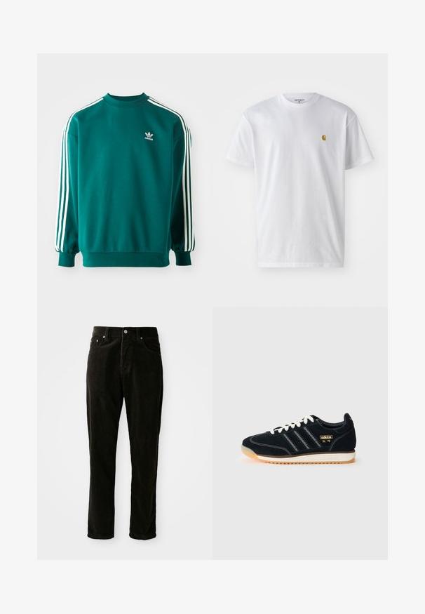 Teal mikina vyrobená z bavlneného zmesi, s dlhými rukávmi, manžetovými lemami a troma bielymi pruhmi na každom rukáve. Logo Adidas na hrudi.; Biele bavlnené tričko s krátkymi rukávmi, okrúhlym výstrihom, s malým zlatým logom na ľavej strane hrude. Mäkká textúra a normálny strih.; Čierne kordurové nohavice s rovnom strihom, textúrovanou látkou a piatimi vreckami, doplnené kovovými akcentmi.; Čierne semišové tenisky s bielymi šnúrkami, tromi bielymi pruhmi po boku, textúrovanými akcentmi a gumovou podrážkou s jemným oranžovým nádychom.