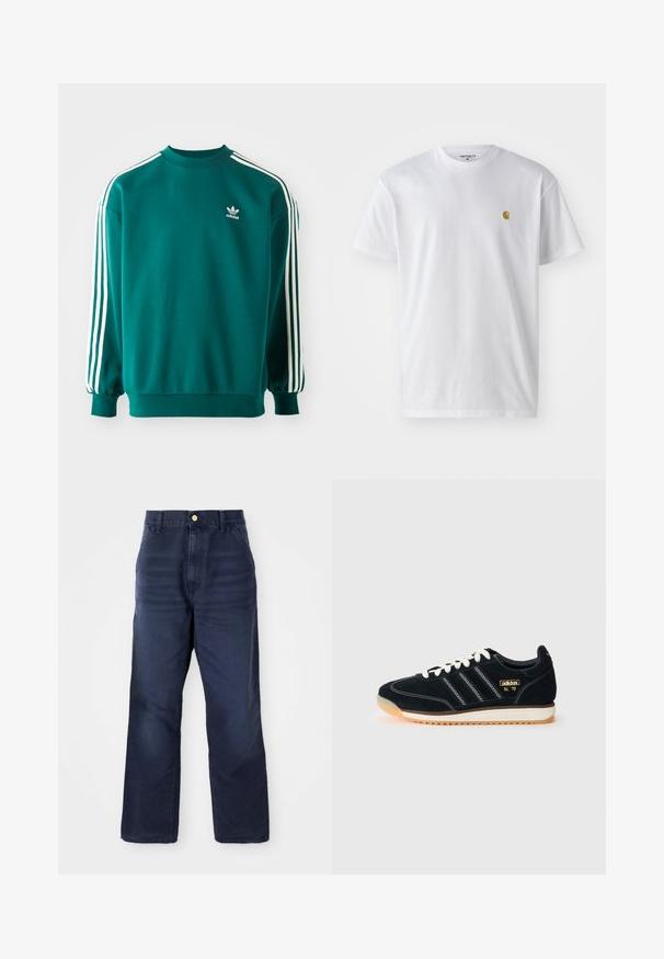 Teal sweatshirt van katoenmix, met lange mouwen, manchetten aan de onderkant en drie witte strepen langs elke mouw. Adidas-logo op de borst.; Witte katoenen t-shirt met korte mouwen en ronde hals, voorzien van een klein gouden logo op de linkerkant van de borst. Zachte textuur en een normale pasvorm.; Donkerblauwe denimbroek met een rechte pijp, voorzien van een voorknoopsluiting, riemlussen en zonder zichtbare patronen of accenten.; Zwarte suède sneakers met witte veters, drie witte strepen aan de zijkant, getextureerde accenten en een rubberen zool met een lichte oranje tint.