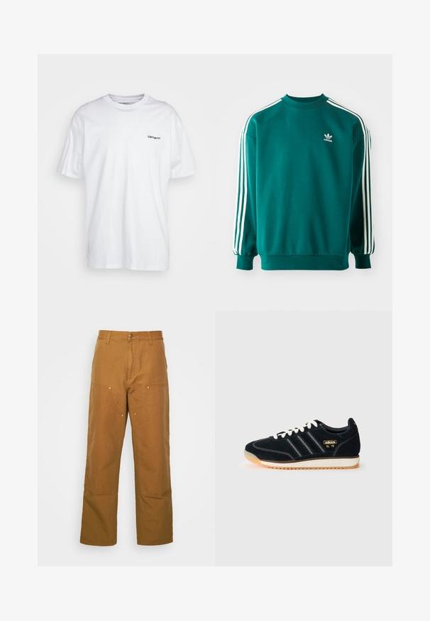 Sweatshirt teal din amestec de bumbac, cu mâneci lungi, margini cusute la manșete și trei dungi albe pe fiecare mânecă. Logo-ul Adidas pe piept.; Tricou alb din bumbac, mâneci scurte, guler rotund, cu un mic logo negru pe pieptul stâng. Textură netedă, tiv drept.; Pantaloni utilitari din bumbac maro, cu un design drept, având buzunare frontale și accente din metal pentru o durabilitate sporită.; Adidași negri din velur, cu sireturi albe, trei dungi albe pe lateral, accente texturate și o talpă din cauciuc cu o nuanță ușor portocalie.
