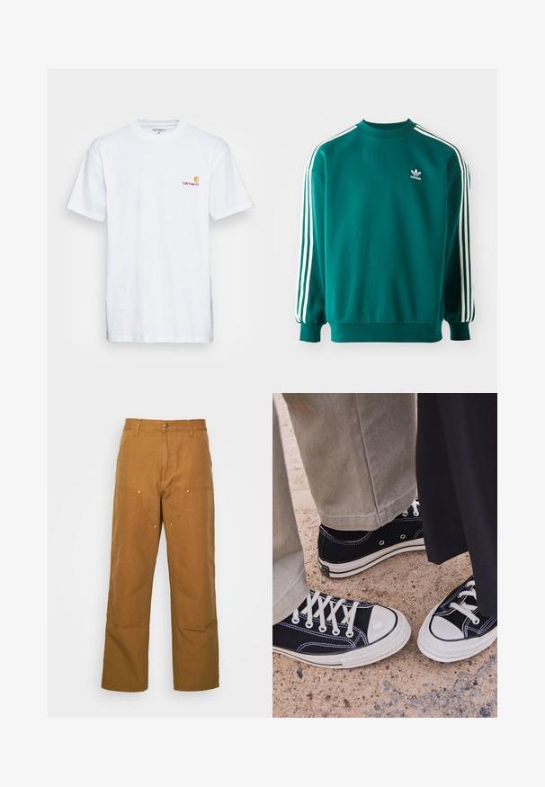 Tamsiai žalias medvilnės mišinio džemperis, su ilgomis rankovėmis, raukiniais ant rankovių ir trimis baltais dryžiais ant kiekvienos rankovės. Adidas logotipas ant krūtinės.; Balta medvilnė marškinėliai trumpomis rankovėmis. Sukurti su mažu oranžiniu ir tamsiai raudonu logotipu kairėje krūtinės pusėje. Turi klasikį apvalų kaklą.; Rudos medvilnės naudingos kelnės su tiesiu sijonu, turinčios priekinius kišenes ir metalinius apdailos elementus, kurie suteikia papildomą tvirtumą.; Juodi kanvasiniai sportbačiai su baltais gumos pirštais ir virvutėmis. Kontrastingos siūlės ir metaliniai akių laikikliai suteikia detalumą. Dėvimi su smėlio spalvos kelnėmis ir juoda medžiaga.