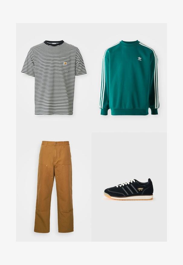 Teal hettegenser laget av bomullsblanding, med lange ermer, mansjetter nederst og tre hvite striper nedover hver erme. Adidas-logo på brystet.; Svart- og hvitstripet kortermet t-skjorte med liten brystlomme som har et oransje Carhartt-logo-lapp.; Brune bomull arbeidsbukser med rett ben-design, med frontlommer og metall detaljer for ekstra holdbarhet.; Sorte semskete sko med hvite snører, tre hvite striper på siden, teksturerte detaljer og en gummisåle med en svak oransje nyanse.