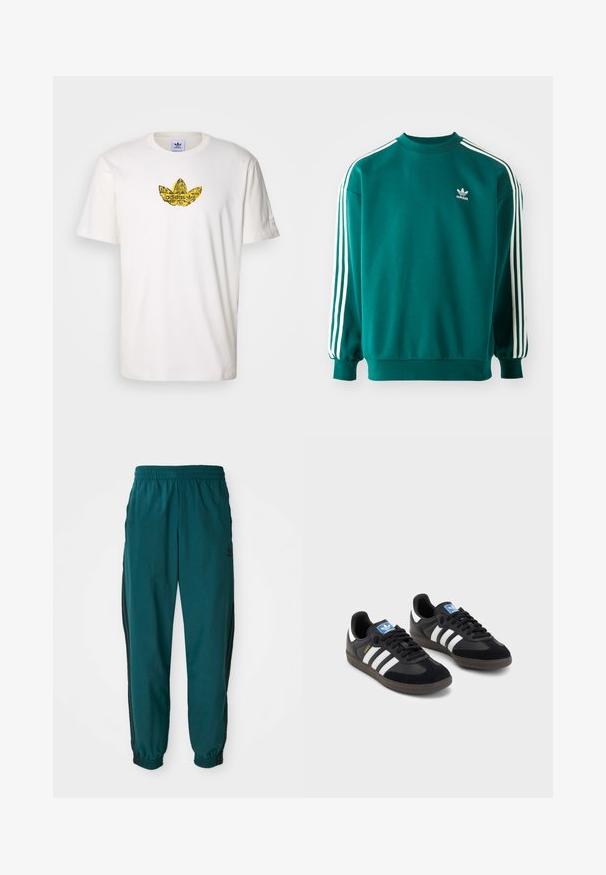 Teal hettegenser laget av bomullsblanding, med lange ermer, mansjetter nederst og tre hvite striper nedover hver erme. Adidas-logo på brystet.; Hvit bomull t-skjorte med et gult trykt Adidas trefoil-logo på brystet. Klassisk rund hals og korte ermer. Myk tekstur.; Teal idrettsbukser med snor i midjen, elastiske mansjetter og svarte striper på siden. Laget av lett materiale, med en logo nær hoften.; Svarte sneakers med overdel i semsket lær og syntetisk materiale, med tre hvite striper, strukturert gummisåle og blå logoetikett på tungen.