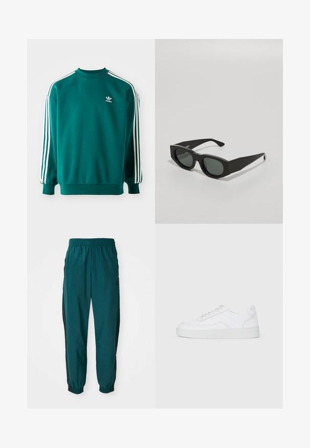 Türkisfarbener Sweatshirt aus Baumwollmischung, mit langen Ärmeln, umgeschlagenen Säumen und drei weißen Streifen entlang jedes Ärmels. Adidas-Logo auf der Brust.; Türkise Sporthose mit einem Kordelzugbund, elastischen Bündchen und seitlichen schwarzen Streifen. Hergestellt aus leichtem Stoff und mit einem Logo in der Nähe der Hüfte.; Weißer Low-Top-Sneaker mit schnürbarem Vorderteil, glattem Obermaterial und Gummisohle vor einfachem, hellem Hintergrund.; Schwarze rechteckige Sonnenbrillen mit grünen getönten Gläsern, dicken Rahmen und flachen Bügeln, die eine glatte Kunststoffoberfläche aufweisen.