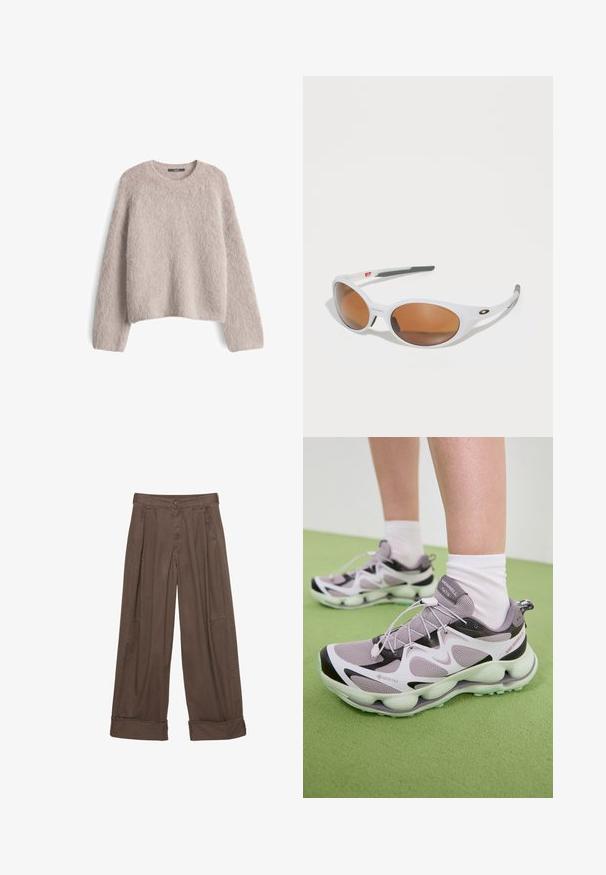 Maglione in misto beige chiaro, morbido e lavorato a maglia, con maniche lunghe e scollatura rotonda, mostrato disteso su uno sfondo bianco.; T-shirt bianco a maniche corte con scollo rotondo, vestibilità comoda e orlo leggermente curvo. Realizzato in un tessuto liscio e morbido con cuciture minime.; Pantaloni larghi marroni in cotone, con chiusura a bottone, motivo plissè frontale e orli arrotolati per una vestibilità rilassata.; Scarpe sportive GORE-TEX di colore viola chiaro, con una tomaia in rete testurizzata, accenti neri e una suola scolpita. Presentano lacci elastici e un colletto imbottito.; Occhiali da sole bianchi con lenti marroni, forma ovale, realizzati in plastica liscia, con dettagli grigi sulle aste e un logo sulla montatura.; Bandana blu navy con motivi a paisley e a pois bianchi, bordato con dettagli intricati bianchi. Tessuto morbido con forma quadrata.